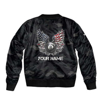 Custom American Flag Billiards Bomber Jacket with 8-Ball Wings and Camo Background - Wonder Print Shop