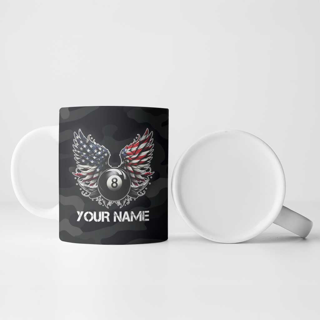 Custom American Flag Billiards Ceramic Mug with 8-Ball Wings and Camo Background - Wonder Print Shop