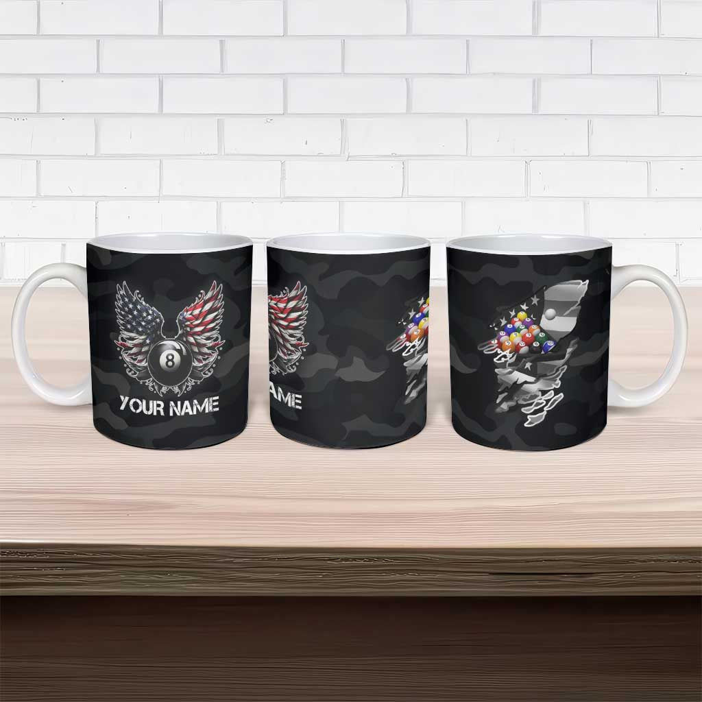 Custom American Flag Billiards Ceramic Mug with 8-Ball Wings and Camo Background - Wonder Print Shop