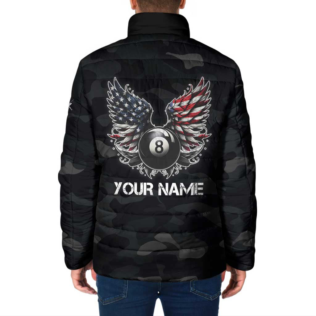 Custom American Flag Billiards Padded Jacket with 8-Ball Wings and Camo Background - Wonder Print Shop