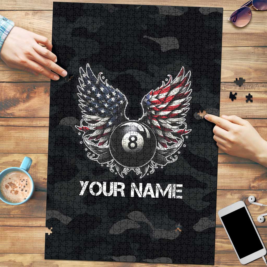 Custom American Flag Billiards Puzzle with 8-Ball Wings and Camo Background - Wonder Print Shop