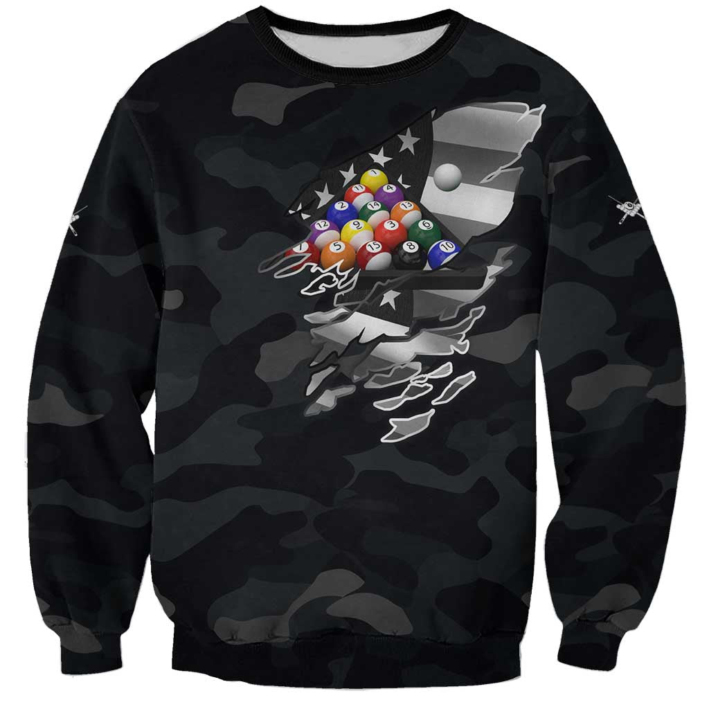 Custom American Flag Billiards Sweatshirt with 8-Ball Wings and Camo Background - Wonder Print Shop