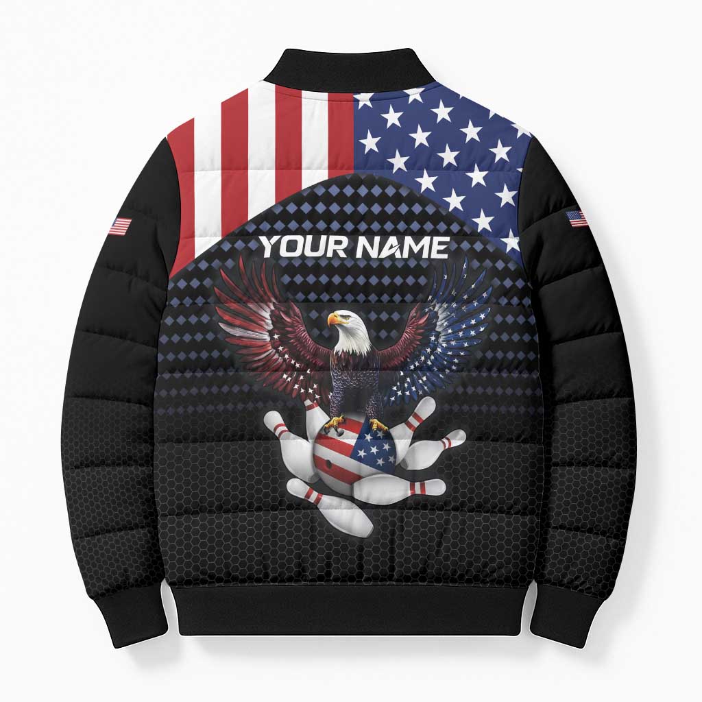 Custom Patriotic Bowling Bomber Puffer Jacket with Bald Eagle, American Flag Bowling Ball - Wonder Print Shop