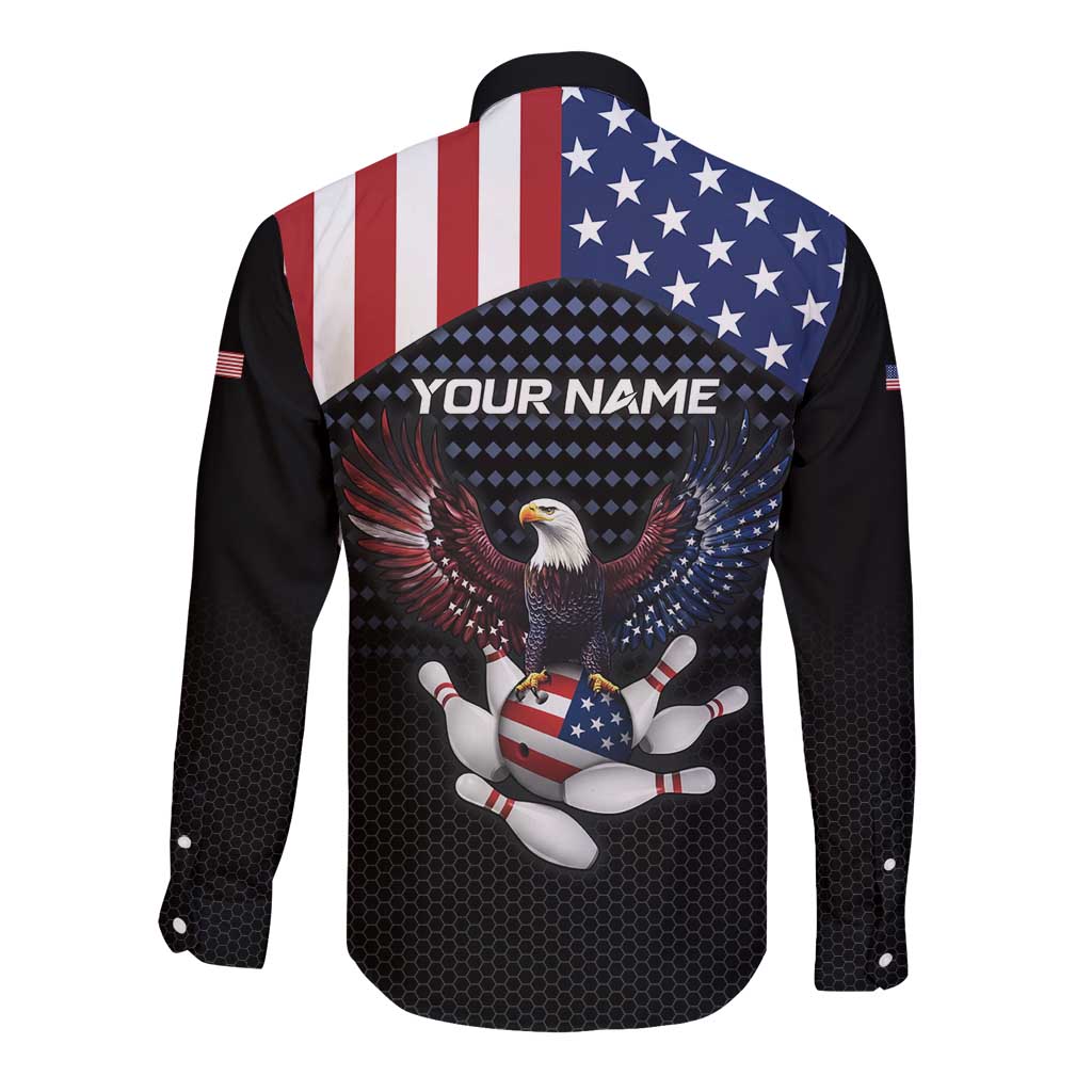 Custom Patriotic Bowling Long Sleeve Button Shirt with Bald Eagle, American Flag Bowling Ball - Wonder Print Shop