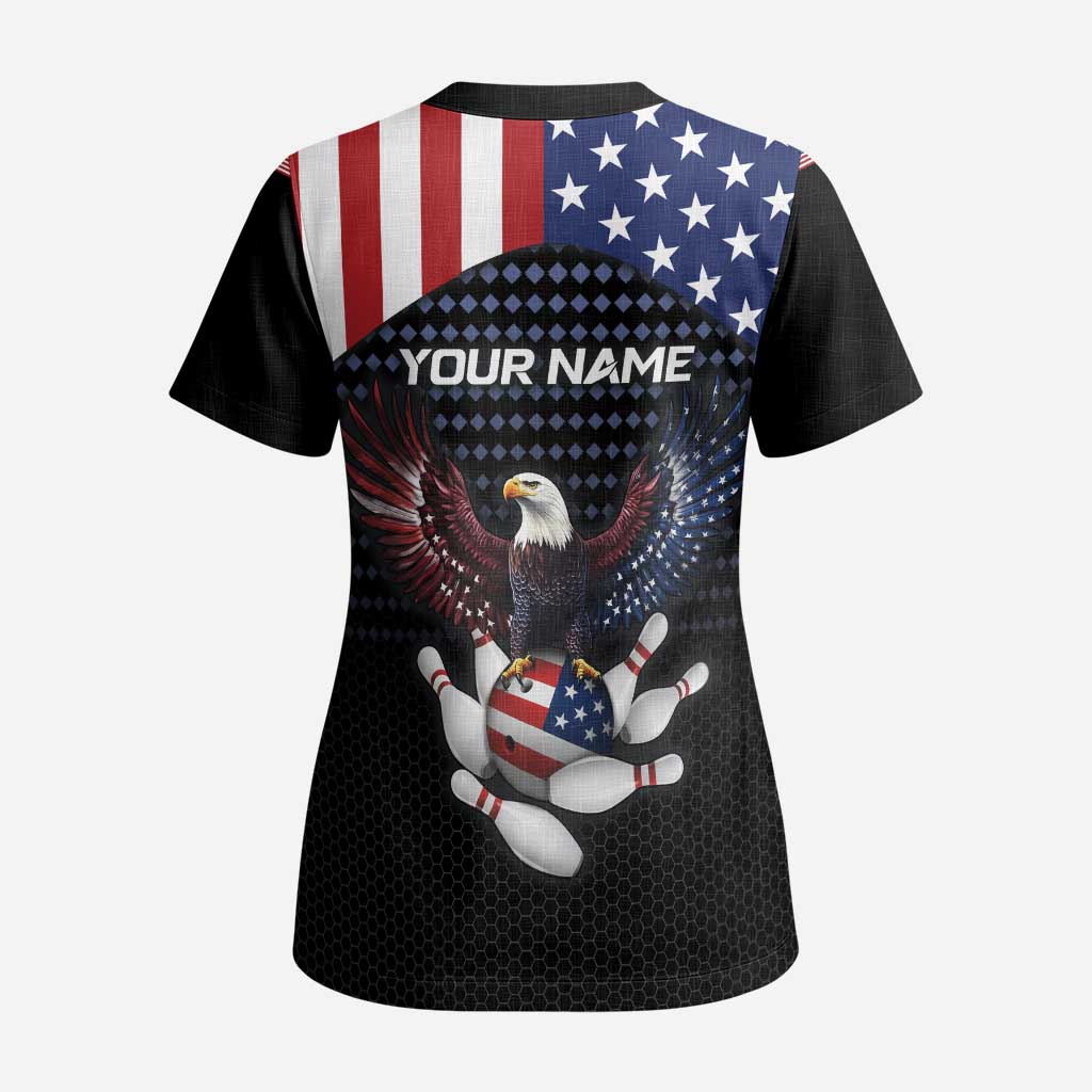 Custom Patriotic Bowling Scrub Top with Bald Eagle, American Flag Bowling Ball - Wonder Print Shop