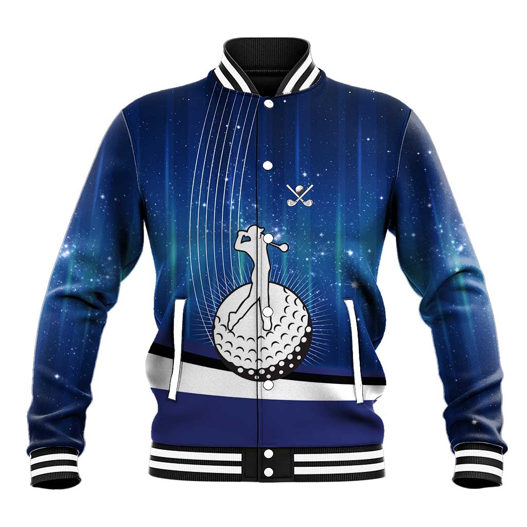 Custom Galaxy Golf Baseball Jacket with Golfer Silhouette, Golf Ball Design - Wonder Print Shop