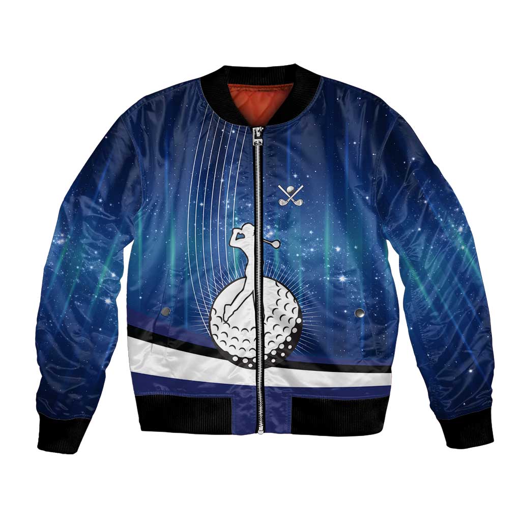 Custom Galaxy Golf Bomber Jacket with Golfer Silhouette, Golf Ball Design - Wonder Print Shop