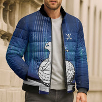 Custom Galaxy Golf Bomber Puffer Jacket with Golfer Silhouette, Golf Ball Design - Wonder Print Shop
