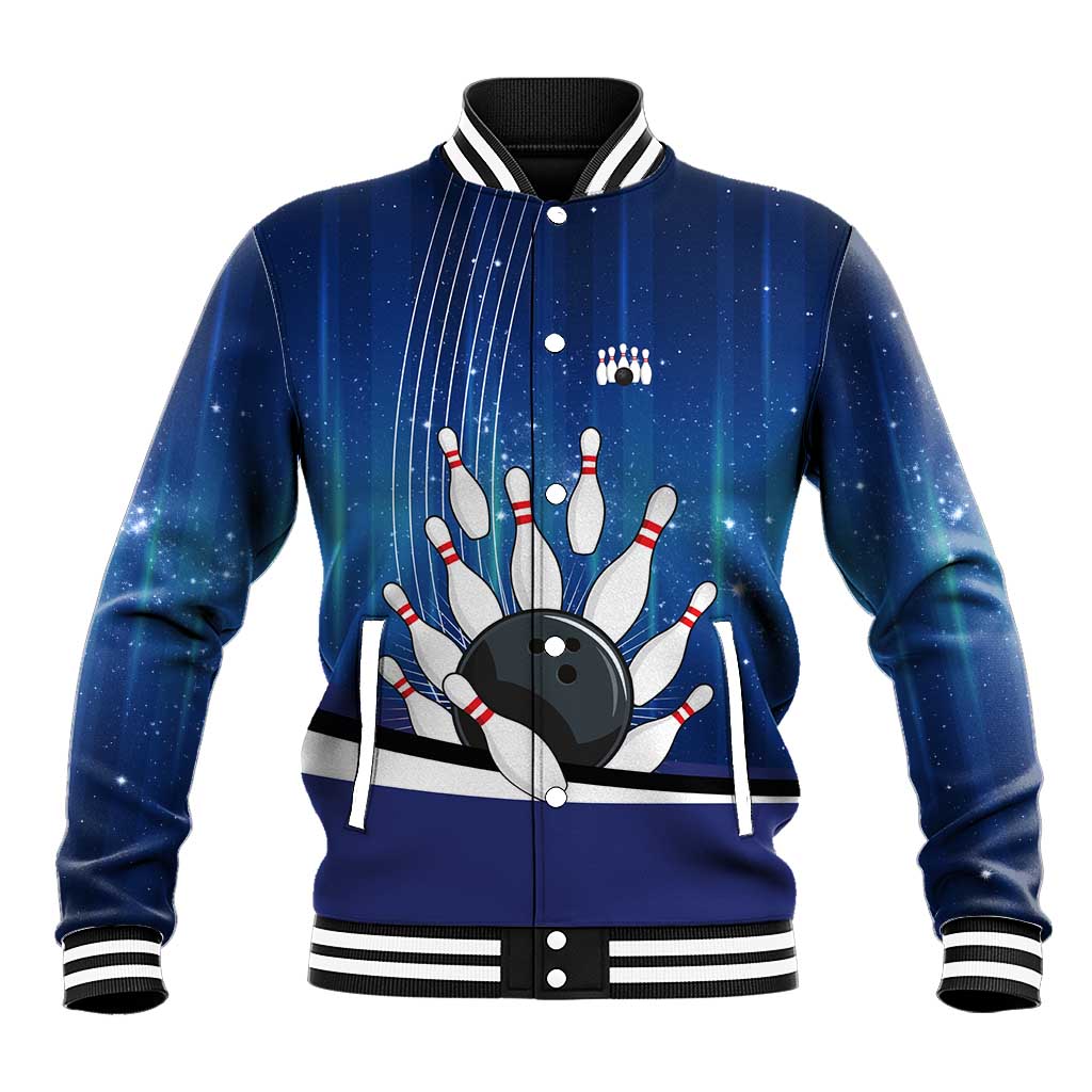 Custom Galaxy Bowling Baseball Jacket with Striking Pins and Ball Design - Wonder Print Shop