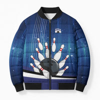 Custom Galaxy Bowling Bomber Puffer Jacket with Striking Pins and Ball Design - Wonder Print Shop