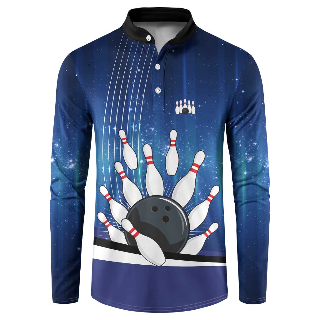 Custom Galaxy Bowling Button Sweatshirt with Striking Pins and Ball Design - Wonder Print Shop