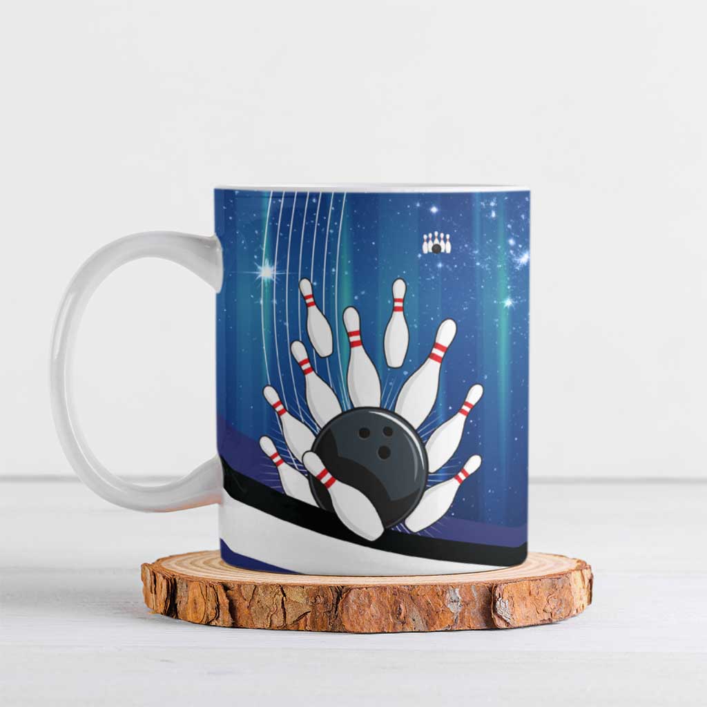 Custom Galaxy Bowling Ceramic Mug with Striking Pins and Ball Design - Wonder Print Shop