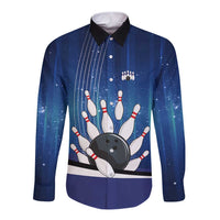Custom Galaxy Bowling Long Sleeve Button Shirt with Striking Pins and Ball Design - Wonder Print Shop