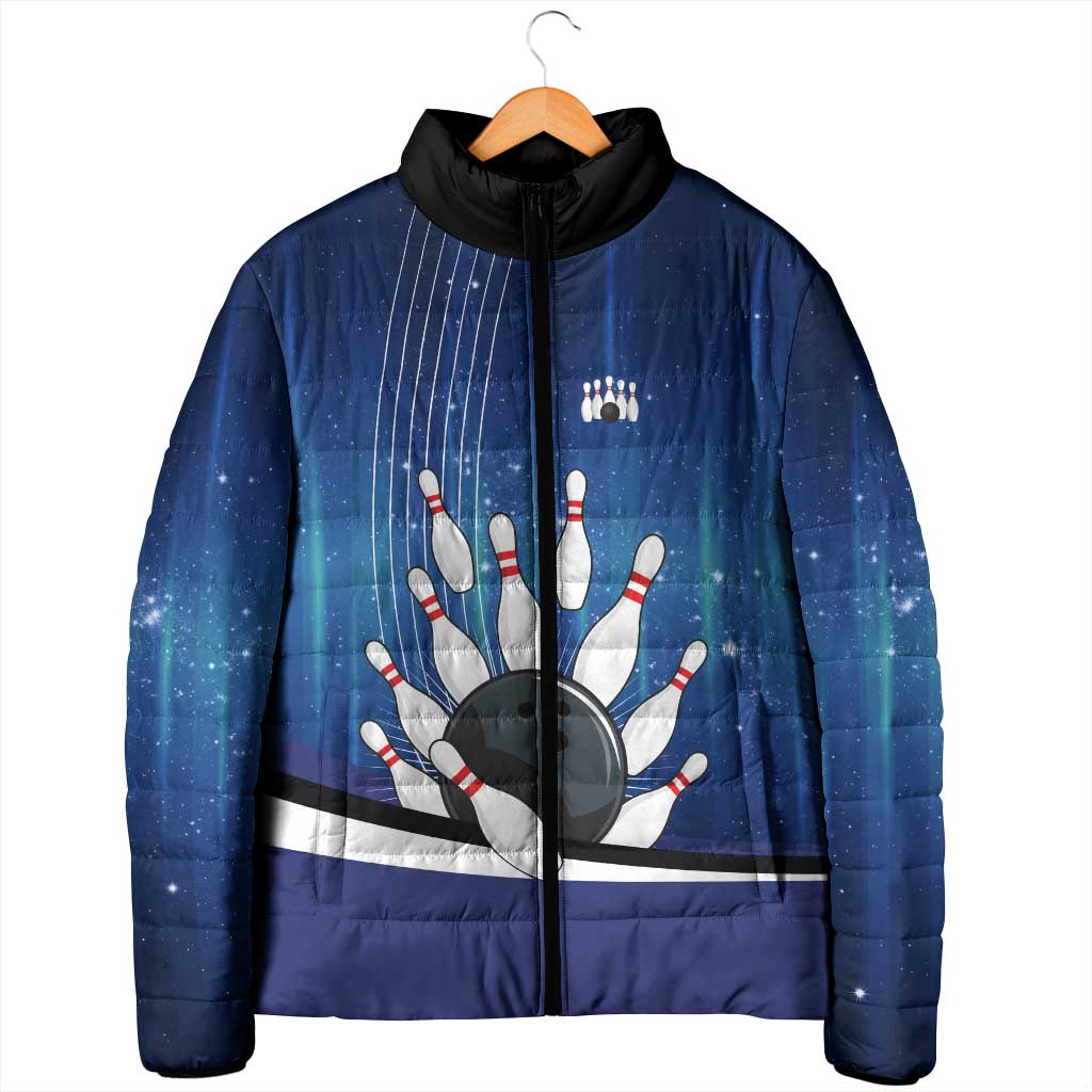 Custom Galaxy Bowling Padded Jacket with Striking Pins and Ball Design - Wonder Print Shop