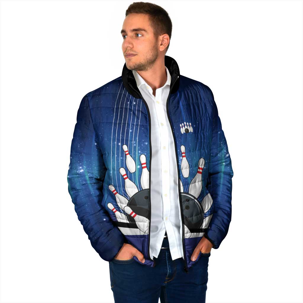 Custom Galaxy Bowling Padded Jacket with Striking Pins and Ball Design - Wonder Print Shop