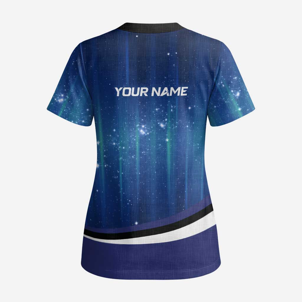Custom Galaxy Bowling Scrub Top with Striking Pins and Ball Design - Wonder Print Shop
