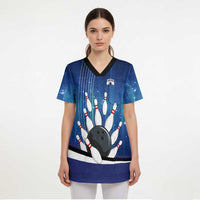 Custom Galaxy Bowling Scrub Top with Striking Pins and Ball Design - Wonder Print Shop