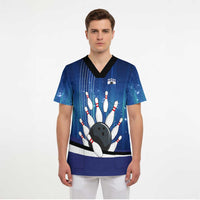 Custom Galaxy Bowling Scrub Top with Striking Pins and Ball Design - Wonder Print Shop