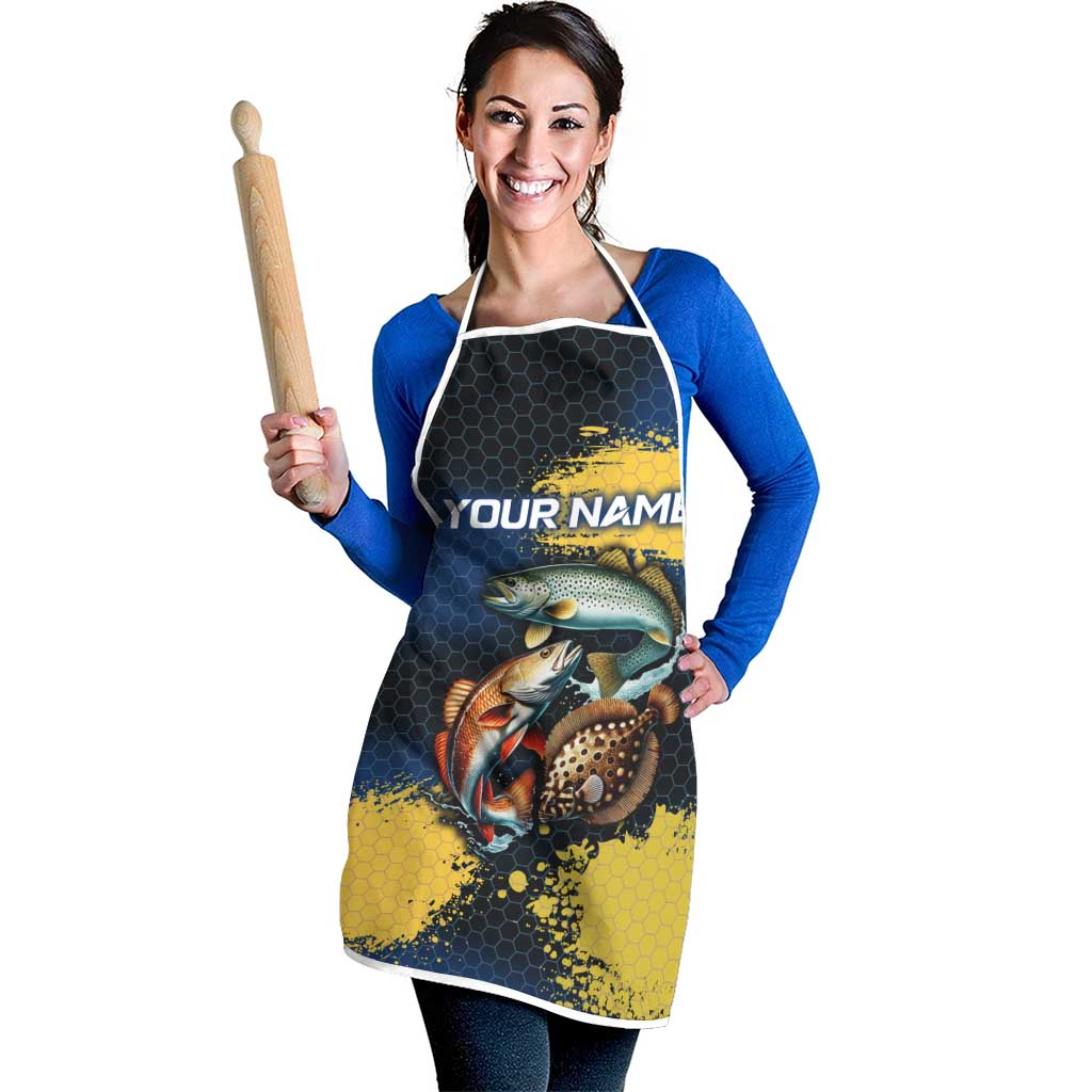Custom Camo Redfish Apron with Colorful Fish Design, Yellow Splatter Pattern - Wonder Print Shop