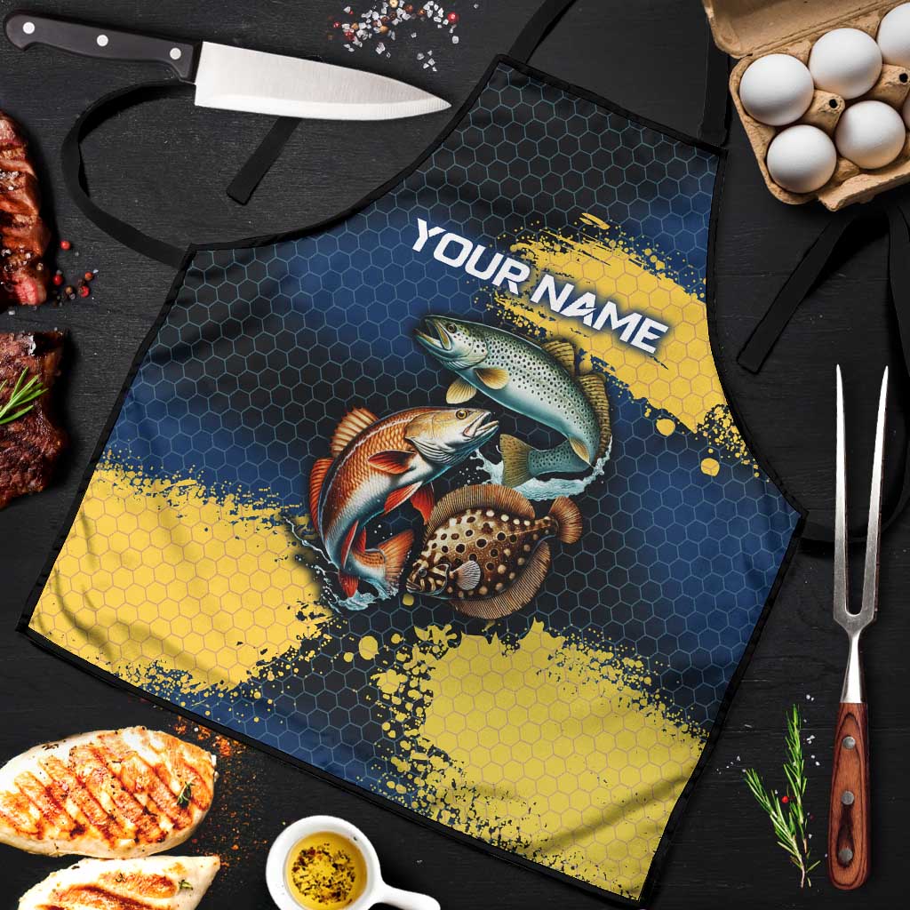 Custom Camo Redfish Apron with Colorful Fish Design, Yellow Splatter Pattern - Wonder Print Shop