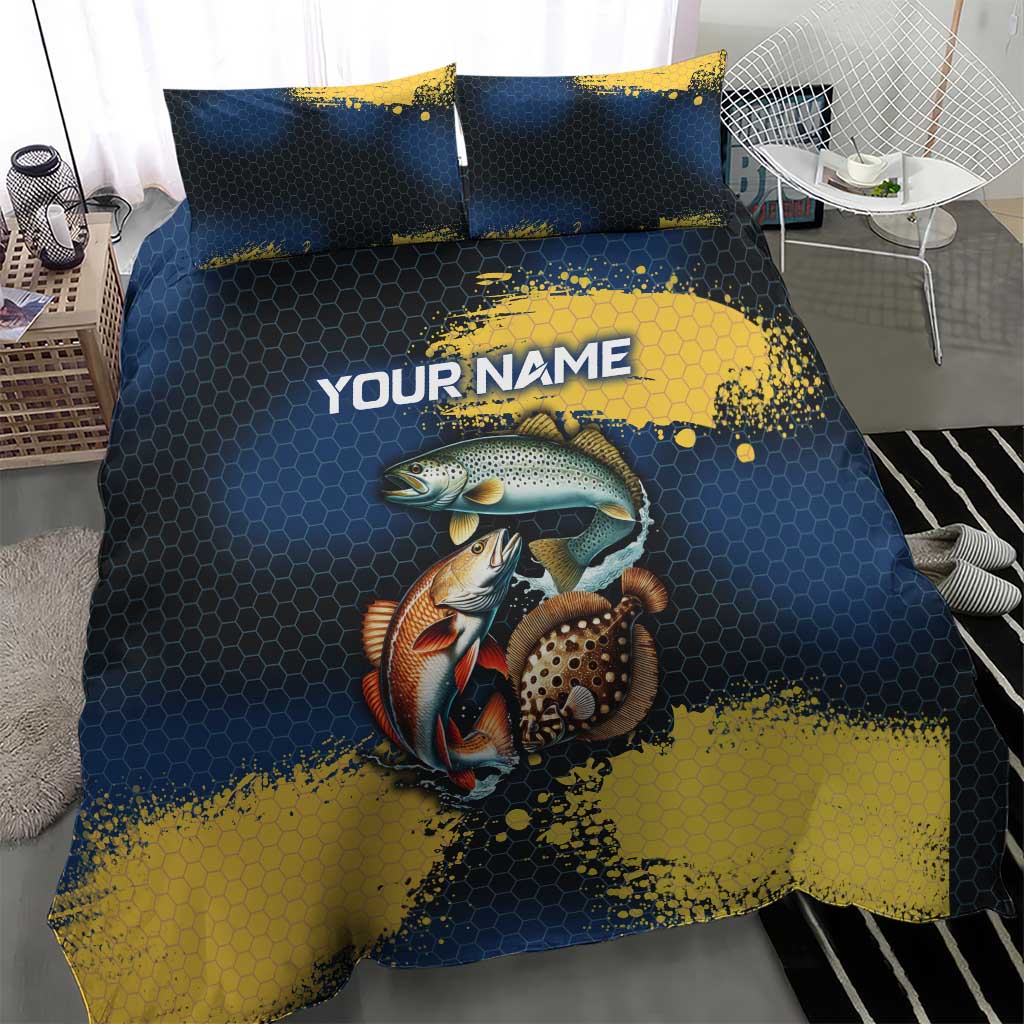 Custom Camo Redfish Bedding Set with Colorful Fish Design, Yellow Splatter Pattern - Wonder Print Shop