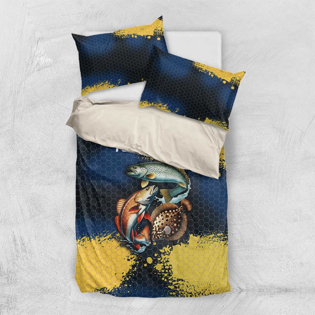 Custom Camo Redfish Bedding Set with Colorful Fish Design, Yellow Splatter Pattern - Wonder Print Shop