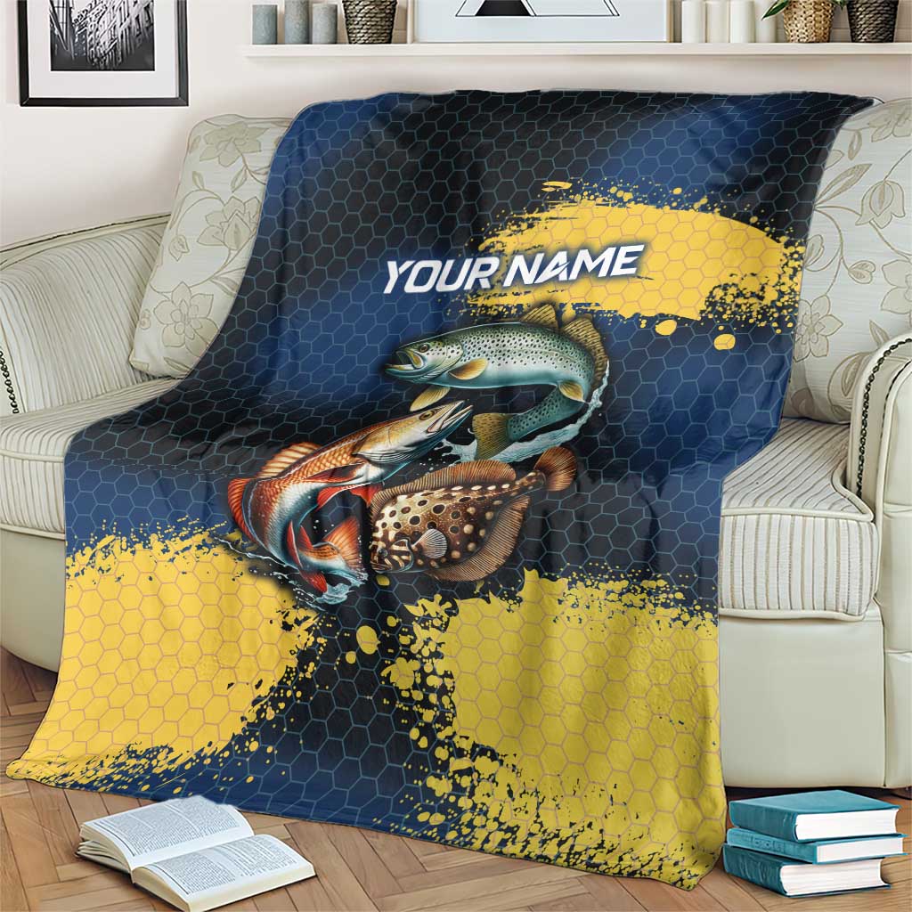 Custom Camo Redfish Blanket with Colorful Fish Design, Yellow Splatter Pattern - Wonder Print Shop