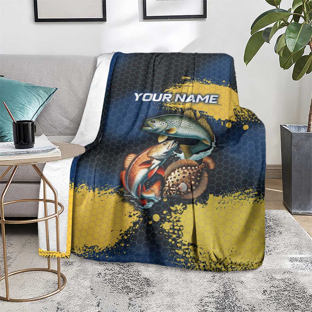 Custom Camo Redfish Blanket with Colorful Fish Design, Yellow Splatter Pattern - Wonder Print Shop