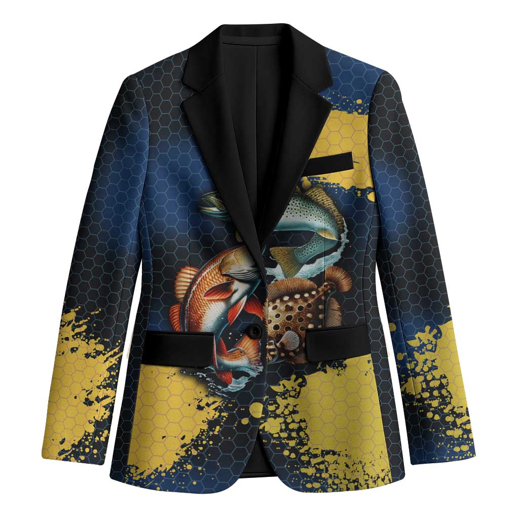 Custom Camo Redfish Blazer with Colorful Fish Design, Yellow Splatter Pattern - Wonder Print Shop
