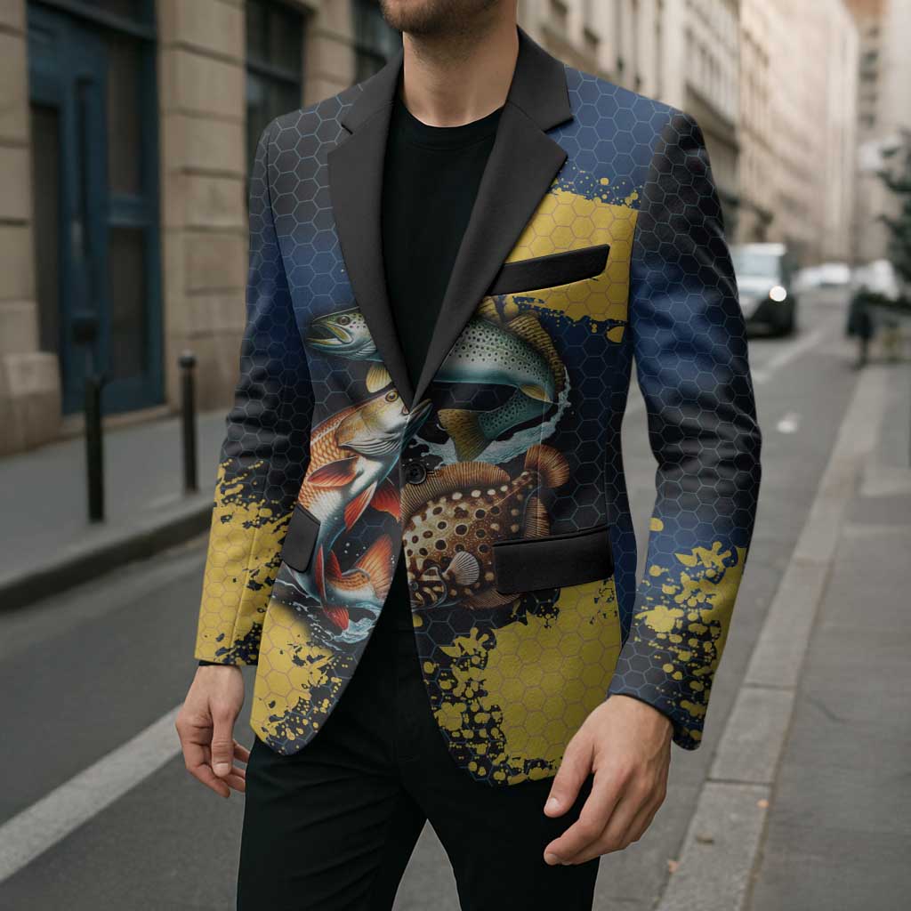 Custom Camo Redfish Blazer with Colorful Fish Design, Yellow Splatter Pattern - Wonder Print Shop