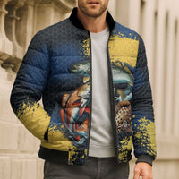 Custom Camo Redfish Bomber Puffer Jacket with Colorful Fish Design, Yellow Splatter Pattern - Wonder Print Shop