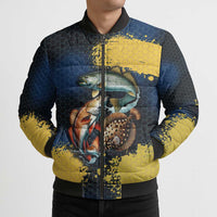 Custom Camo Redfish Bomber Puffer Jacket with Colorful Fish Design, Yellow Splatter Pattern - Wonder Print Shop