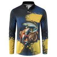 Custom Camo Redfish Button Sweatshirt with Colorful Fish Design, Yellow Splatter Pattern - Wonder Print Shop
