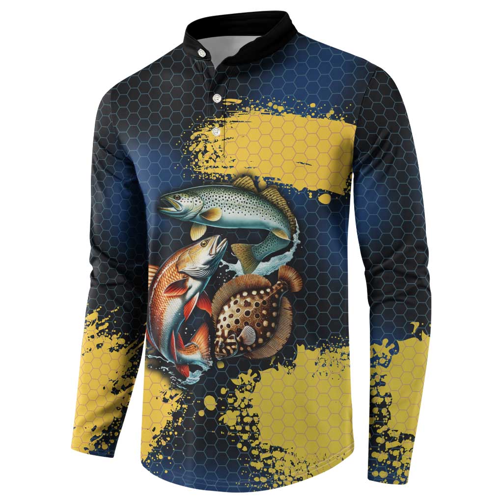 Custom Camo Redfish Button Sweatshirt with Colorful Fish Design, Yellow Splatter Pattern - Wonder Print Shop