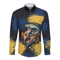 Custom Camo Redfish Long Sleeve Button Shirt with Colorful Fish Design, Yellow Splatter Pattern - Wonder Print Shop