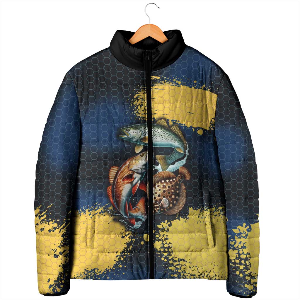 Custom Camo Redfish Padded Jacket with Colorful Fish Design, Yellow Splatter Pattern - Wonder Print Shop