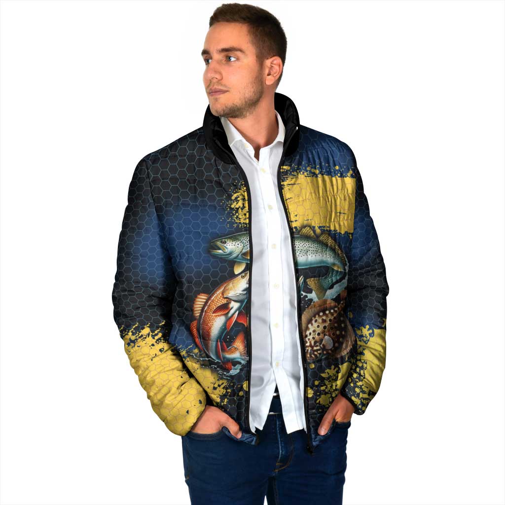 Custom Camo Redfish Padded Jacket with Colorful Fish Design, Yellow Splatter Pattern - Wonder Print Shop