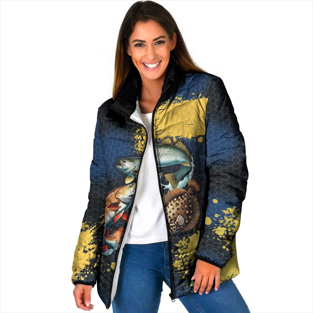 Custom Camo Redfish Padded Jacket with Colorful Fish Design, Yellow Splatter Pattern - Wonder Print Shop