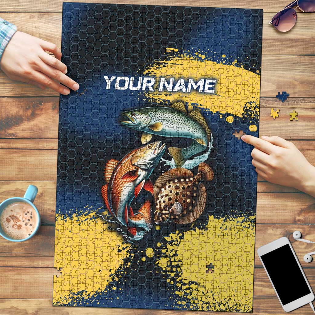 Custom Camo Redfish Puzzle with Colorful Fish Design, Yellow Splatter Pattern - Wonder Print Shop