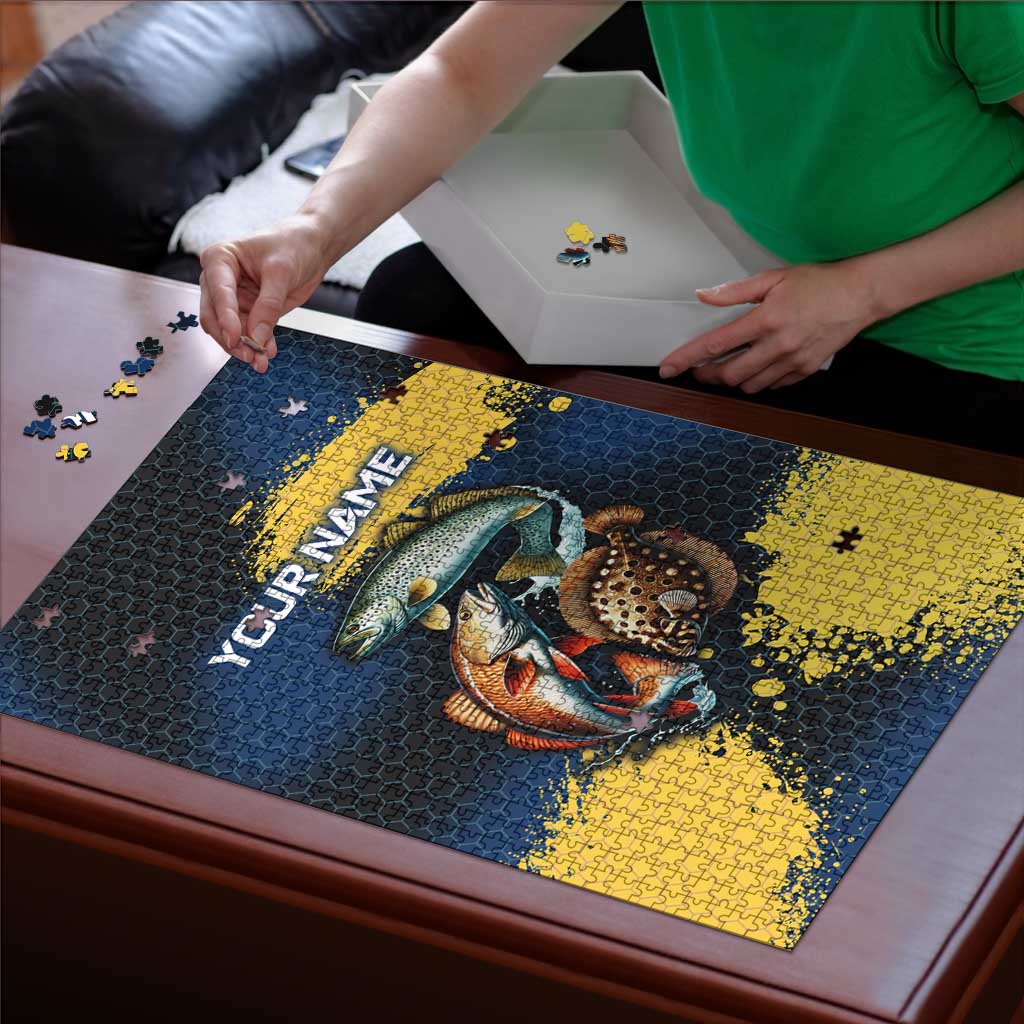 Custom Camo Redfish Puzzle with Colorful Fish Design, Yellow Splatter Pattern - Wonder Print Shop