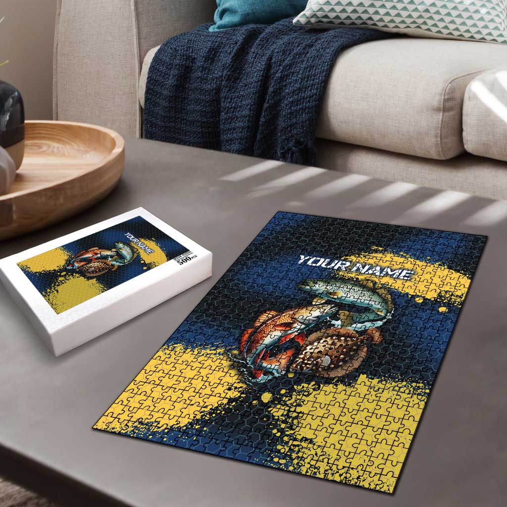 Custom Camo Redfish Puzzle with Colorful Fish Design, Yellow Splatter Pattern - Wonder Print Shop
