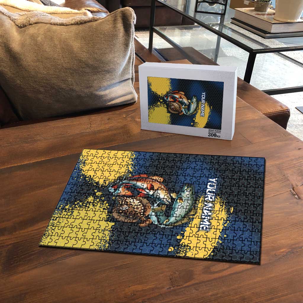 Custom Camo Redfish Puzzle with Colorful Fish Design, Yellow Splatter Pattern - Wonder Print Shop