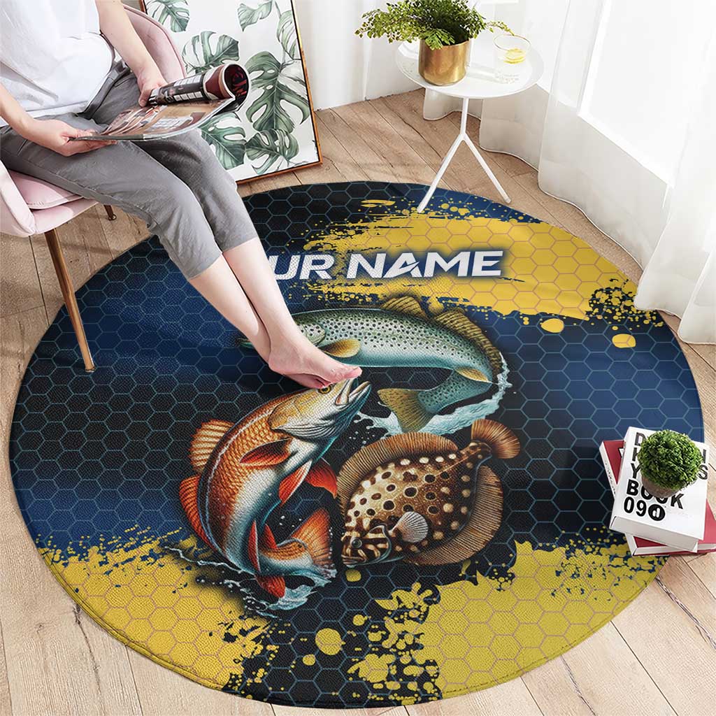 Custom Camo Redfish Round Carpet with Colorful Fish Design, Yellow Splatter Pattern - Wonder Print Shop