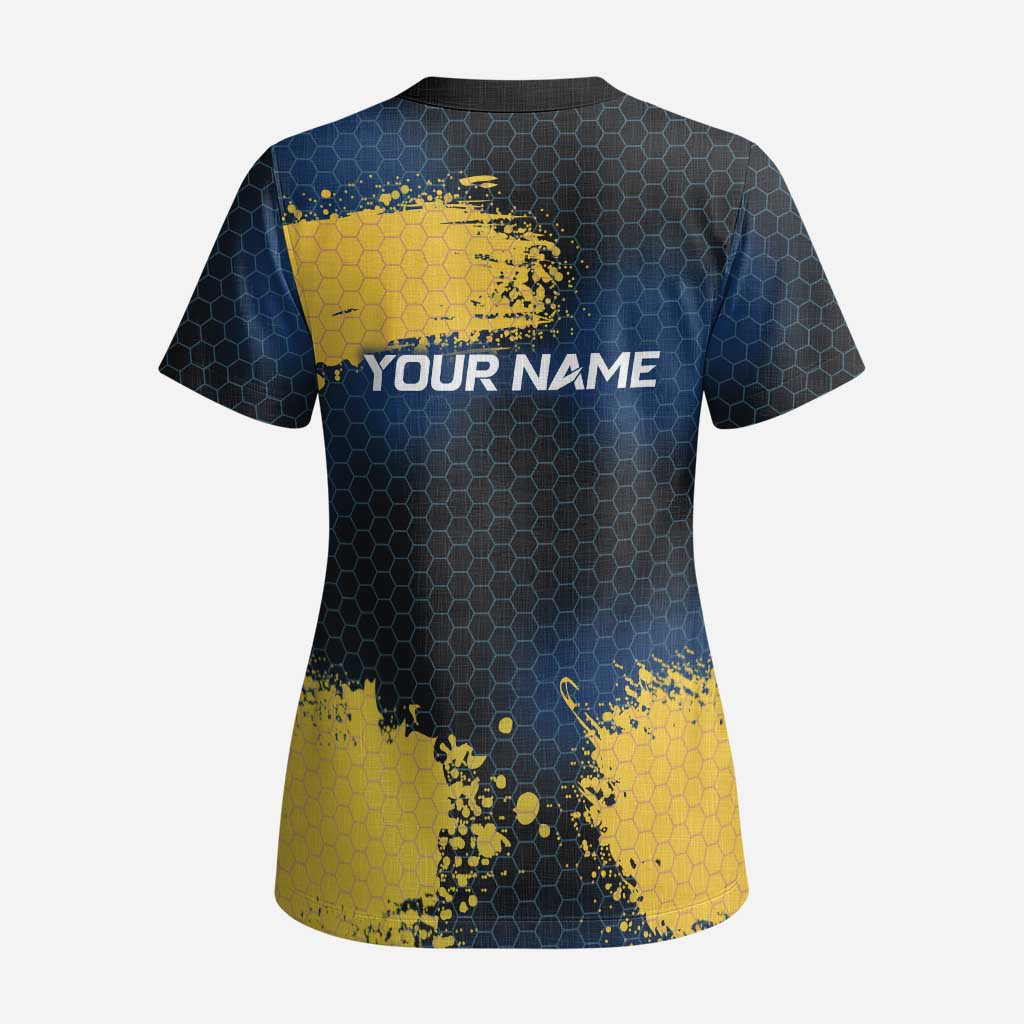 Custom Camo Redfish Scrub Top with Colorful Fish Design, Yellow Splatter Pattern - Wonder Print Shop