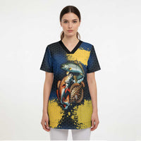 Custom Camo Redfish Scrub Top with Colorful Fish Design, Yellow Splatter Pattern - Wonder Print Shop