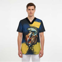 Custom Camo Redfish Scrub Top with Colorful Fish Design, Yellow Splatter Pattern - Wonder Print Shop
