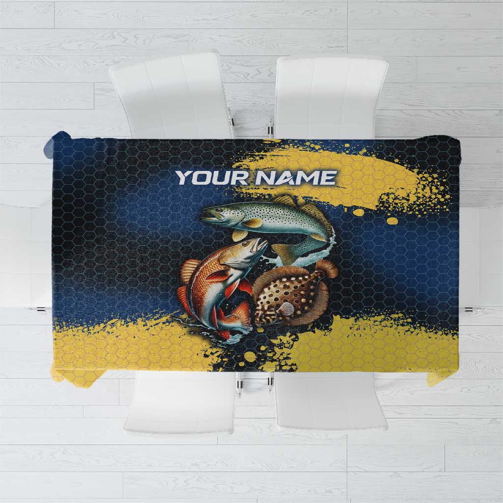 Custom Camo Redfish Tablecloth with Colorful Fish Design, Yellow Splatter Pattern - Wonder Print Shop