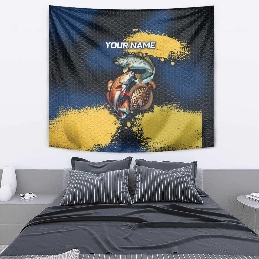 Custom Camo Redfish Tapestry with Colorful Fish Design, Yellow Splatter Pattern - Wonder Print Shop
