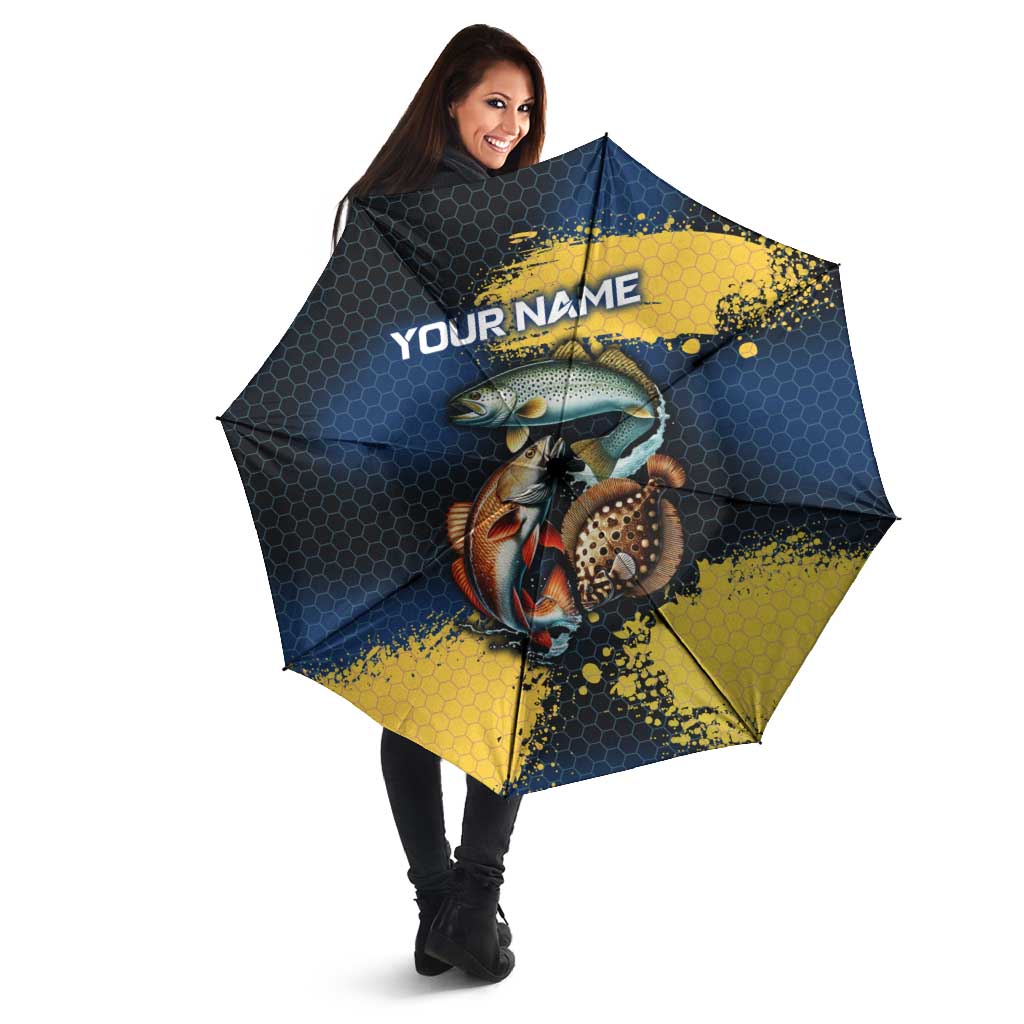 Custom Camo Redfish Umbrella with Colorful Fish Design, Yellow Splatter Pattern - Wonder Print Shop