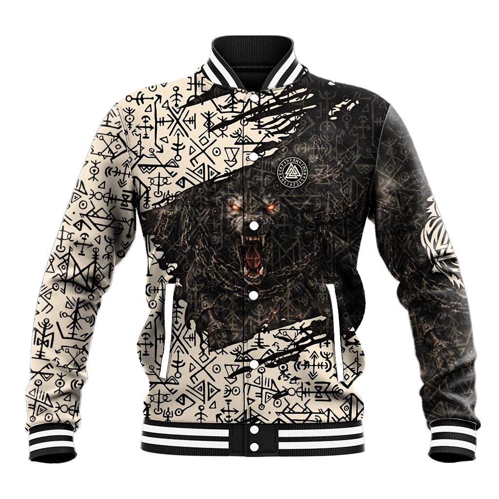 Fenrir Baseball Jacket with Norse Symbols and Howling Wolf Viking Mythology Tribute - Wonder Print Shop